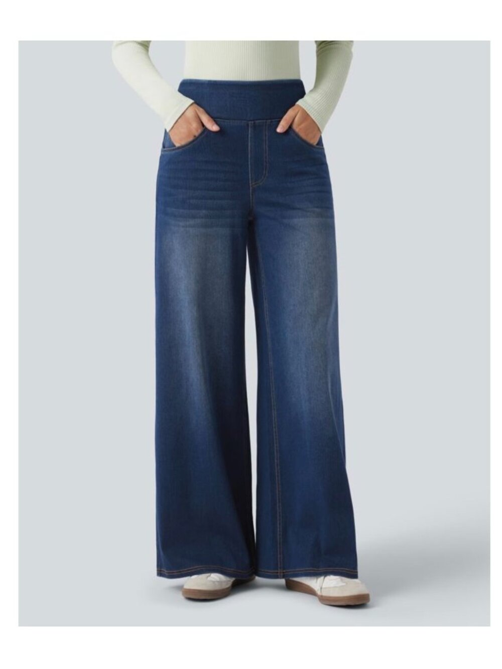 Halara Large wide-Leg Stretch Denim Pants High-Waisted Pull-On Size Large Blue